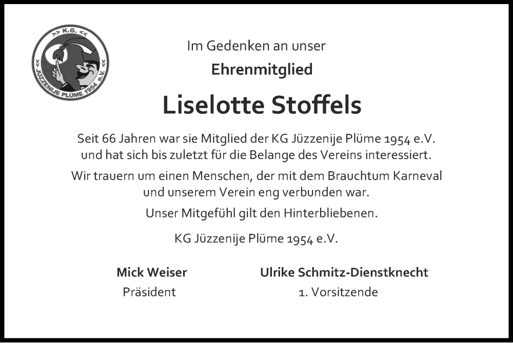  Traueranzeige für Liselotte Stoffels vom 31.03.2024 aus Zeitung am Sonntag