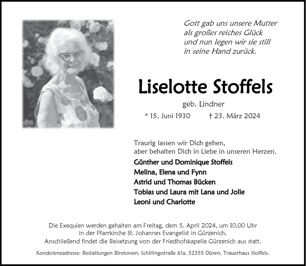 Traueranzeige für Liselotte Stoffels vom 30.03.2024 aus Aachener Zeitung