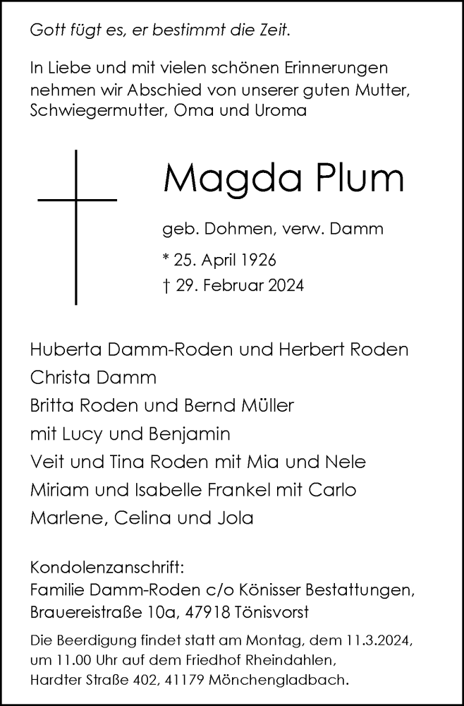  Traueranzeige für Magda Plum vom 10.03.2024 aus Zeitung am Sonntag