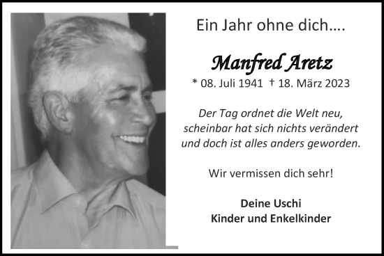 Traueranzeige von Manfred Aretz von Zeitung am Sonntag