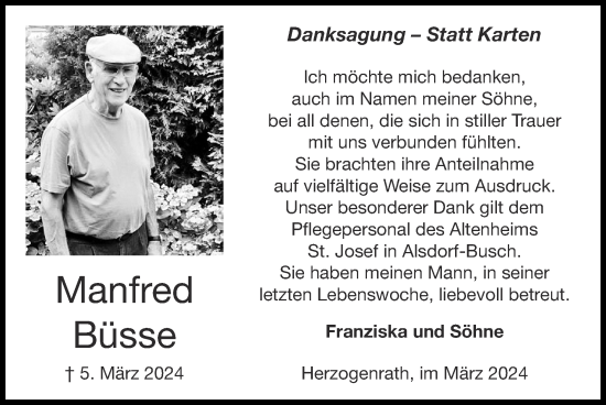 Traueranzeige von Manfred Büsse von Zeitung am Sonntag