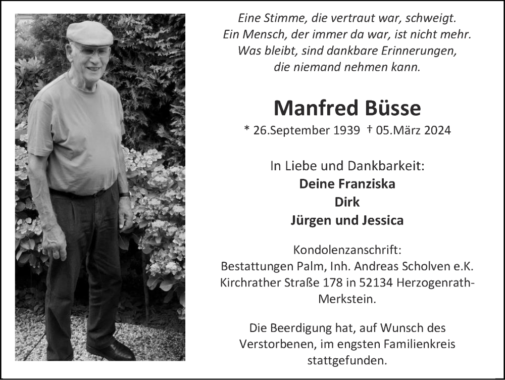  Traueranzeige für Manfred Büsse vom 17.03.2024 aus Zeitung am Sonntag