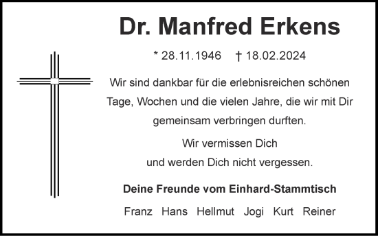 Traueranzeige von Manfred Erkens von Zeitung am Sonntag