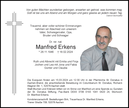 Traueranzeige von Manfred Erkens von Zeitung am Sonntag