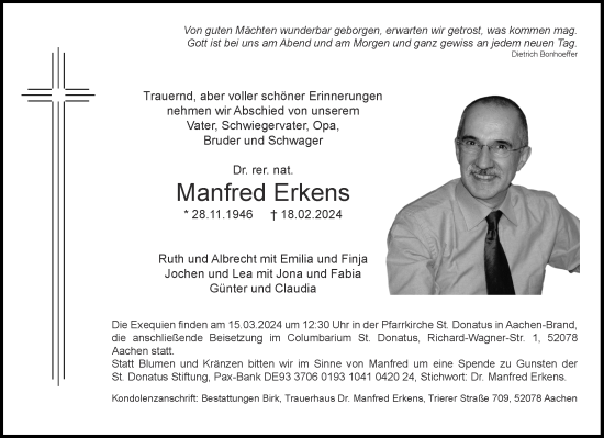 Traueranzeige von Manfred Erkens von Aachener Zeitung