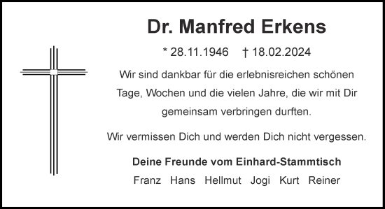 Traueranzeige von Manfred Erkens von Aachener Zeitung