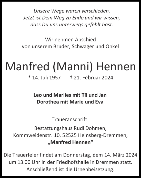 Traueranzeige von Manfred Hennen von Zeitung am Sonntag