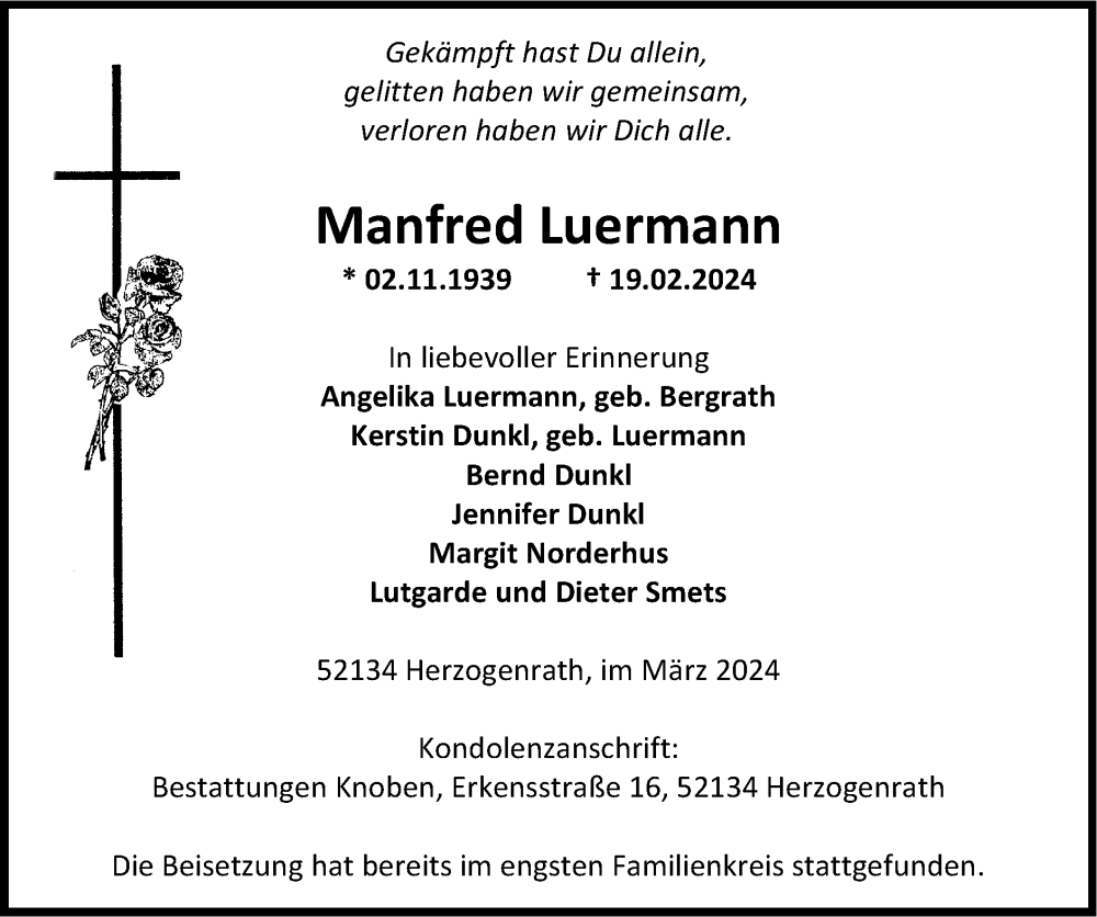  Traueranzeige für Manfred Luermann vom 10.03.2024 aus Zeitung am Sonntag