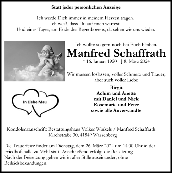 Traueranzeige von Manfred Schaffrath von Zeitung am Sonntag