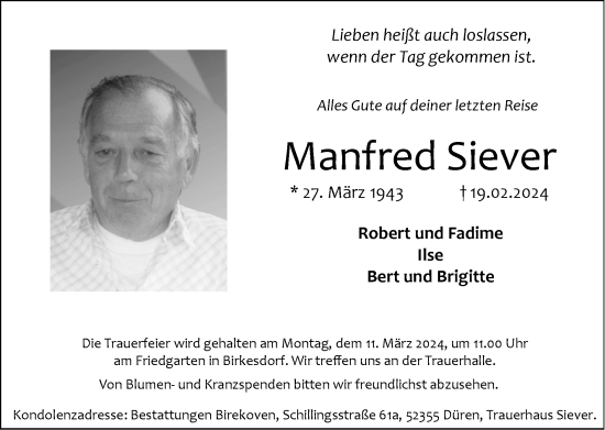 Traueranzeige von Manfred Siever von Zeitung am Sonntag