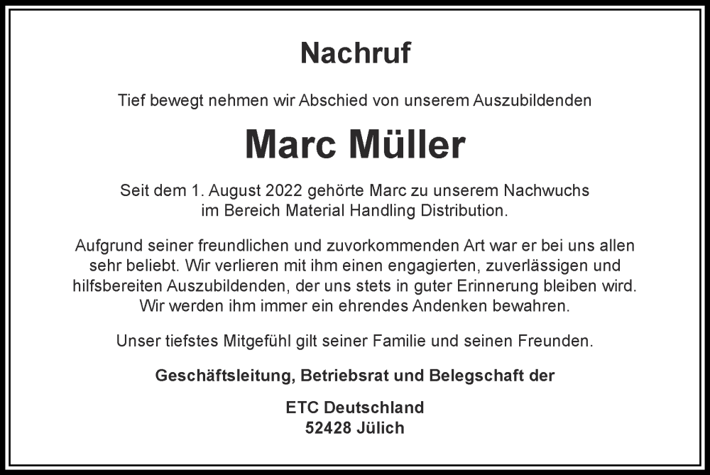  Traueranzeige für Marc Müller vom 17.03.2024 aus Zeitung am Sonntag