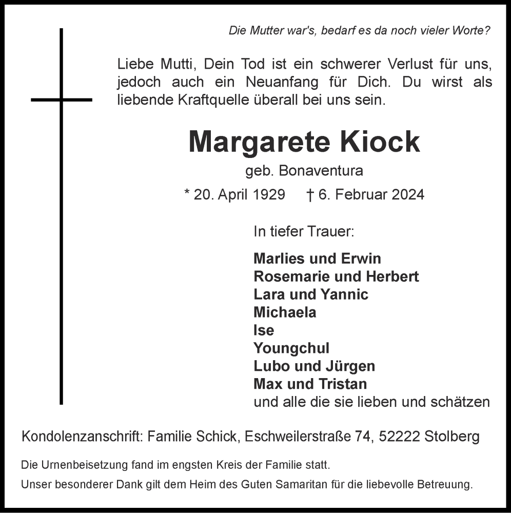  Traueranzeige für Margarete Kiock vom 24.03.2024 aus Zeitung am Sonntag