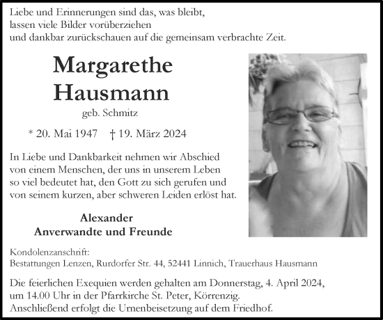 Traueranzeige von Margarethe Hausmann von Zeitung am Sonntag