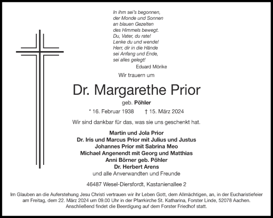 Traueranzeige von Margarethe Prior von Aachener Zeitung