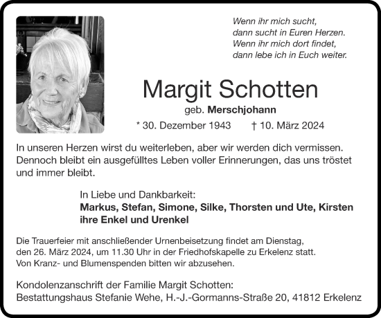 Traueranzeige von Margit Schotten von Zeitung am Sonntag