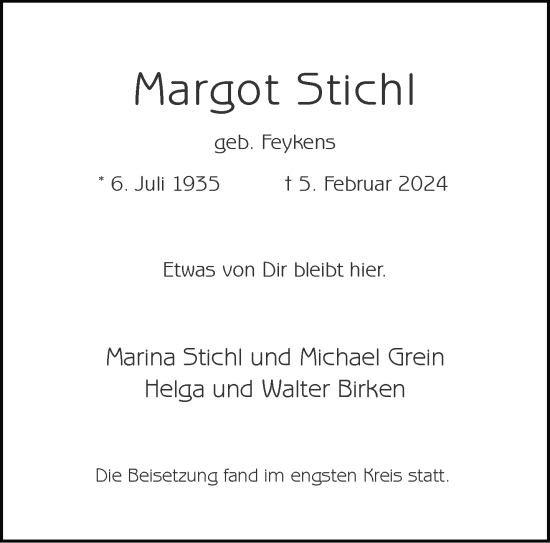 Traueranzeige von Margot Stichl von Aachener Zeitung