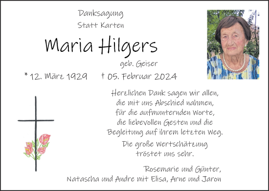 Traueranzeige von Maria Hilgers von Zeitung am Sonntag