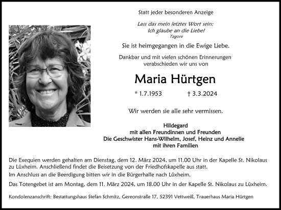 Traueranzeige von Maria Hürtgen von Zeitung am Sonntag