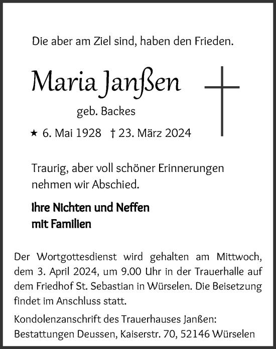 Traueranzeige von Maria Janßen von Zeitung am Sonntag