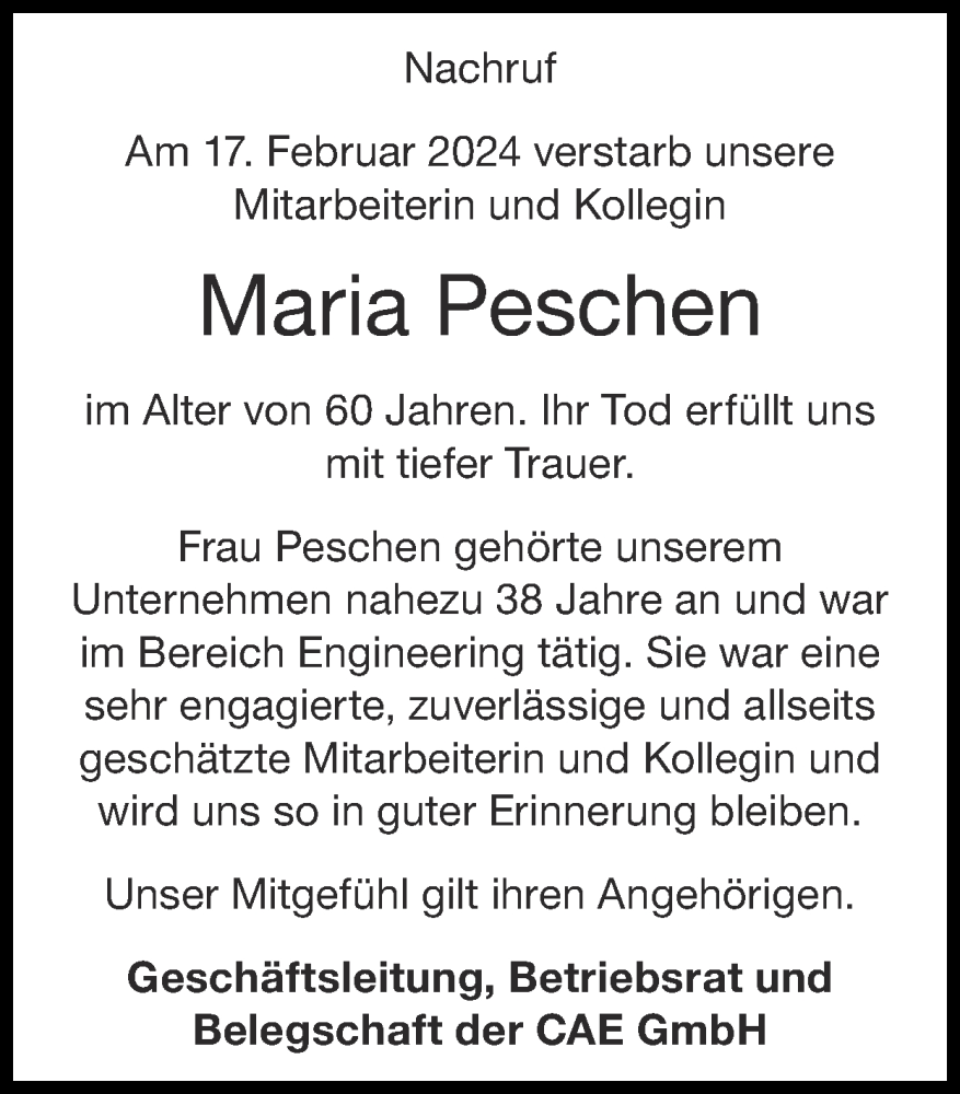  Traueranzeige für Maria Peschen vom 03.03.2024 aus Zeitung am Sonntag