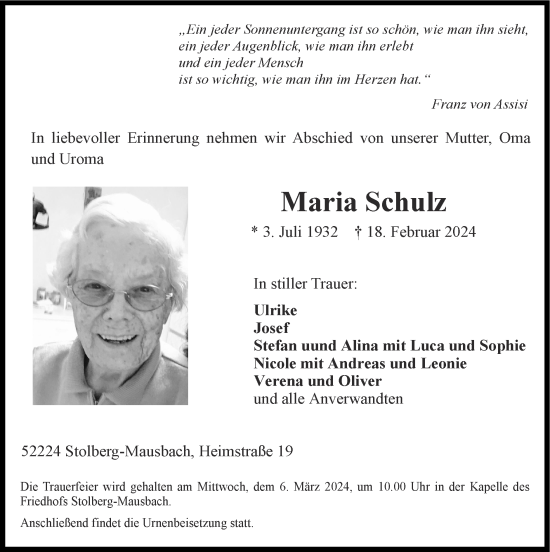 Traueranzeige von Maria Schulz von Zeitung am Sonntag
