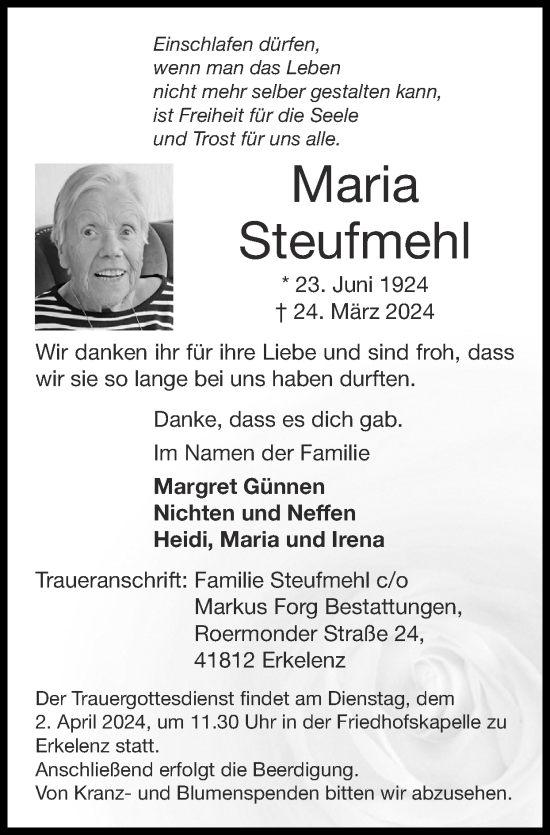 Traueranzeige von Maria Steufmehl von Zeitung am Sonntag