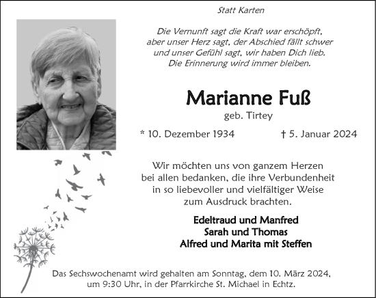 Traueranzeige von Marianne Fuß von Zeitung am Sonntag
