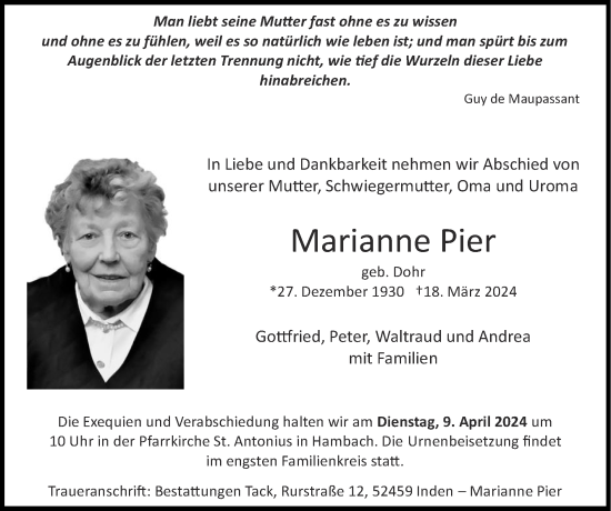 Traueranzeige von Marianne Pier von Zeitung am Sonntag