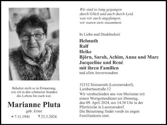 Traueranzeige von Marianne Pluta von Zeitung am Sonntag