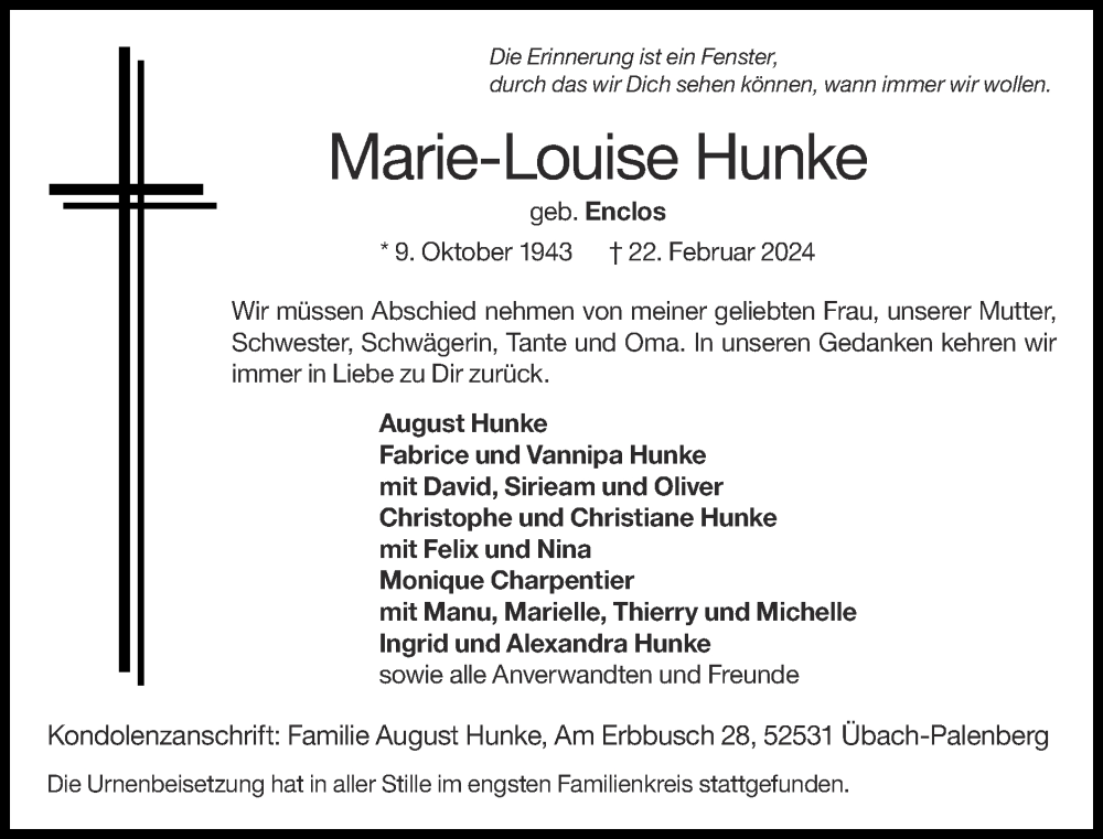  Traueranzeige für Marie-Louise Hunke vom 17.03.2024 aus Zeitung am Sonntag