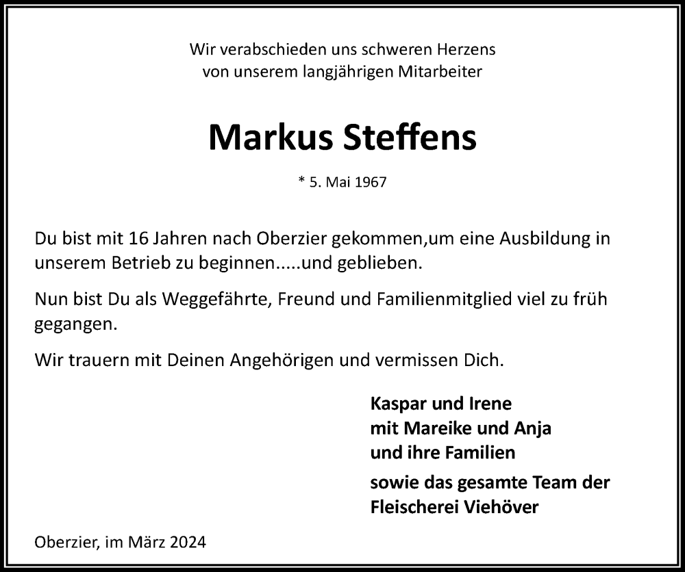  Traueranzeige für Markus Steffens vom 10.03.2024 aus Zeitung am Sonntag