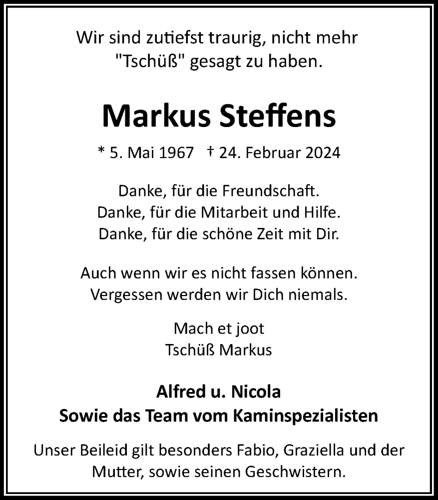  Traueranzeige für Markus Steffens vom 10.03.2024 aus Zeitung am Sonntag