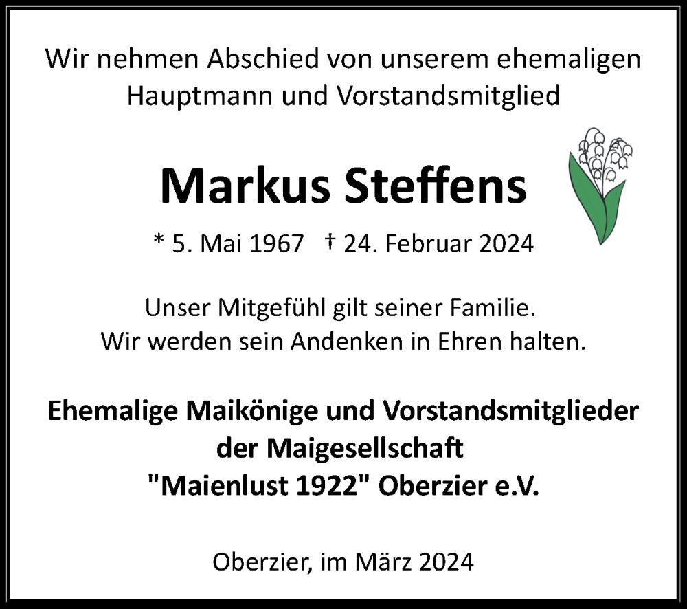  Traueranzeige für Markus Steffens vom 10.03.2024 aus Zeitung am Sonntag