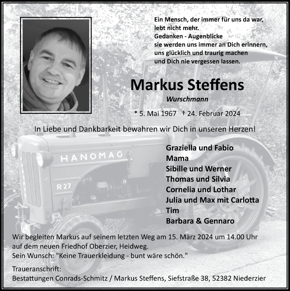  Traueranzeige für Markus Steffens vom 10.03.2024 aus Zeitung am Sonntag
