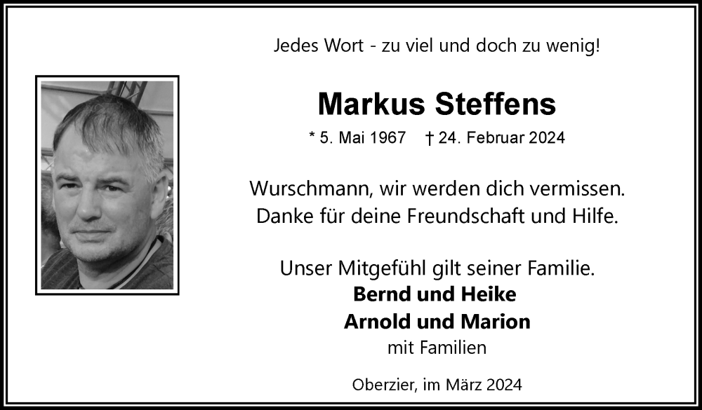  Traueranzeige für Markus Steffens vom 10.03.2024 aus Zeitung am Sonntag