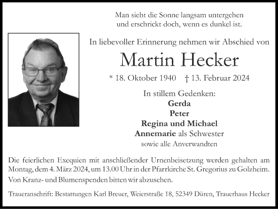 Traueranzeige von Martin Hecker von Zeitung am Sonntag