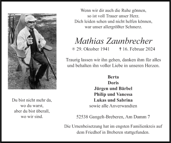 Traueranzeige von Mathias Zaunbrecher von Zeitung am Sonntag
