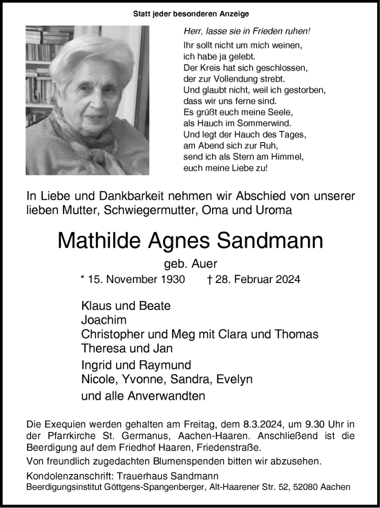 Traueranzeige von Mathilde Agnes Sandmann von Zeitung am Sonntag