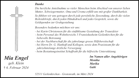 Traueranzeige von Mia Engel von Zeitung am Sonntag