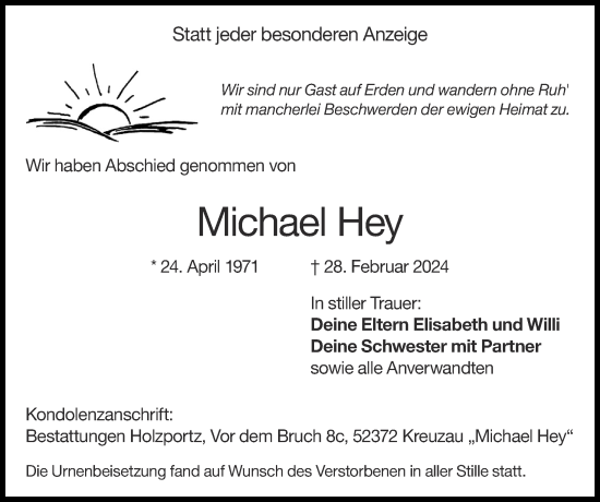 Traueranzeige von Michael Hey von Zeitung am Sonntag