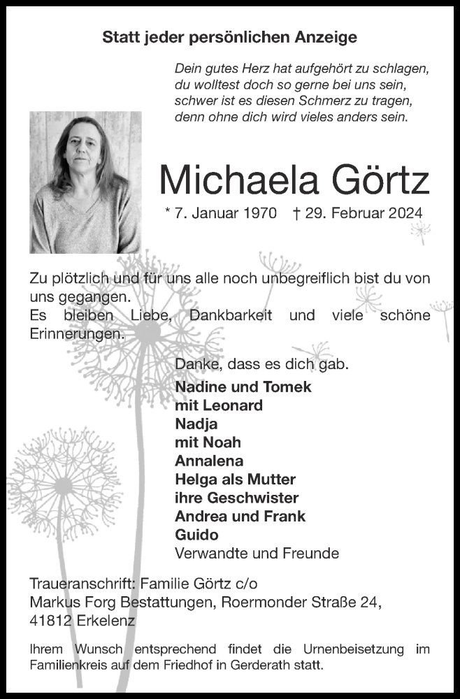  Traueranzeige für Michaela Görtz vom 10.03.2024 aus Zeitung am Sonntag