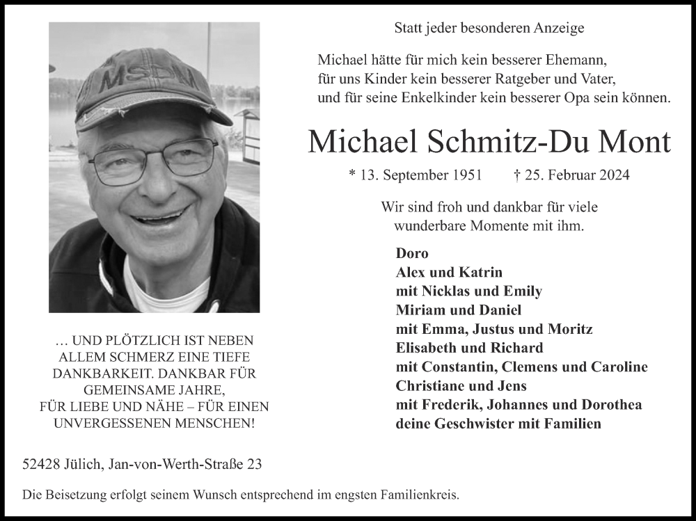  Traueranzeige für Michael Schmitz Du Mont vom 03.03.2024 aus Zeitung am Sonntag
