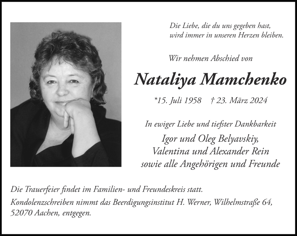  Traueranzeige für Nataliya Mamchenko vom 31.03.2024 aus Zeitung am Sonntag