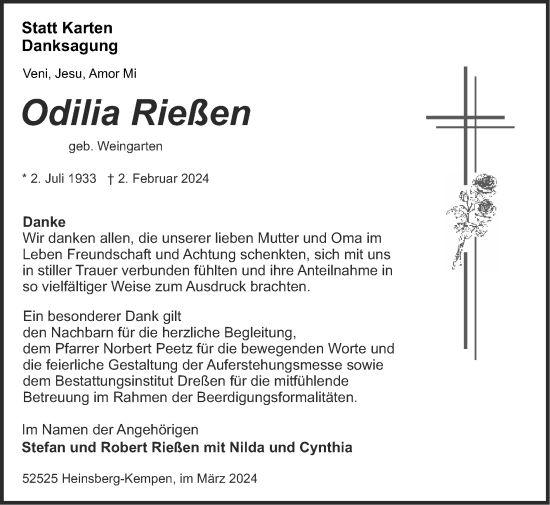 Traueranzeige von Odilia Rießen von Zeitung am Sonntag