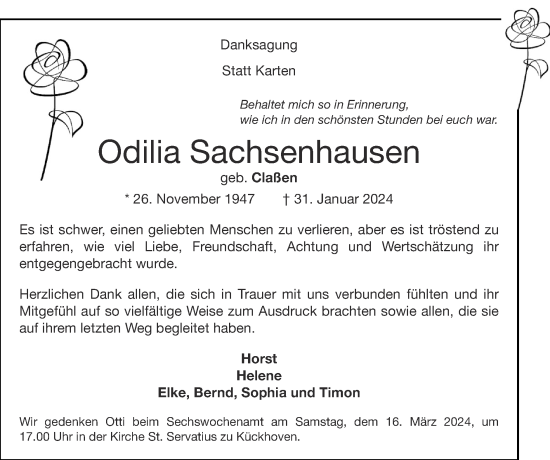 Traueranzeige von Odilia Sachsenhausen von Zeitung am Sonntag