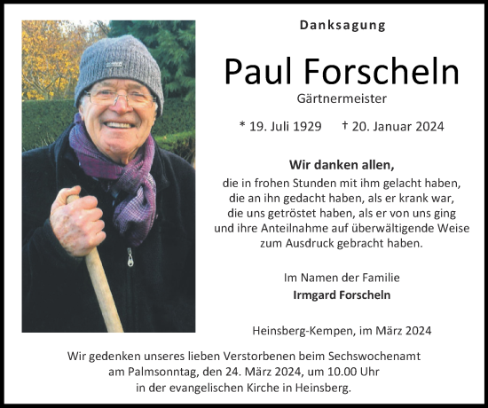Traueranzeige von Paul Forscheln von Zeitung am Sonntag