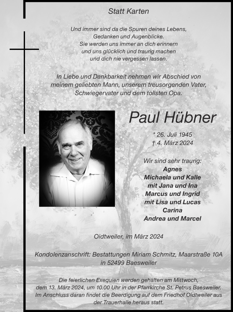  Traueranzeige für Paul Hübner vom 10.03.2024 aus Zeitung am Sonntag