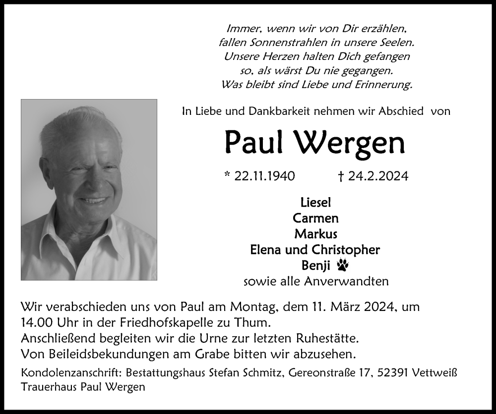  Traueranzeige für Paul Wergen vom 03.03.2024 aus Zeitung am Sonntag