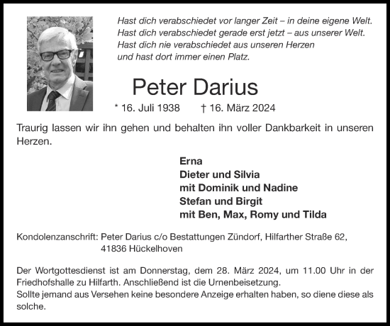 Traueranzeige von Peter Darius von Zeitung am Sonntag