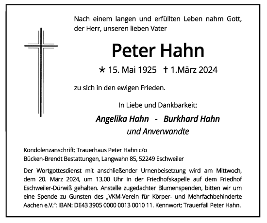 Traueranzeige von Peter Hahn von Zeitung am Sonntag
